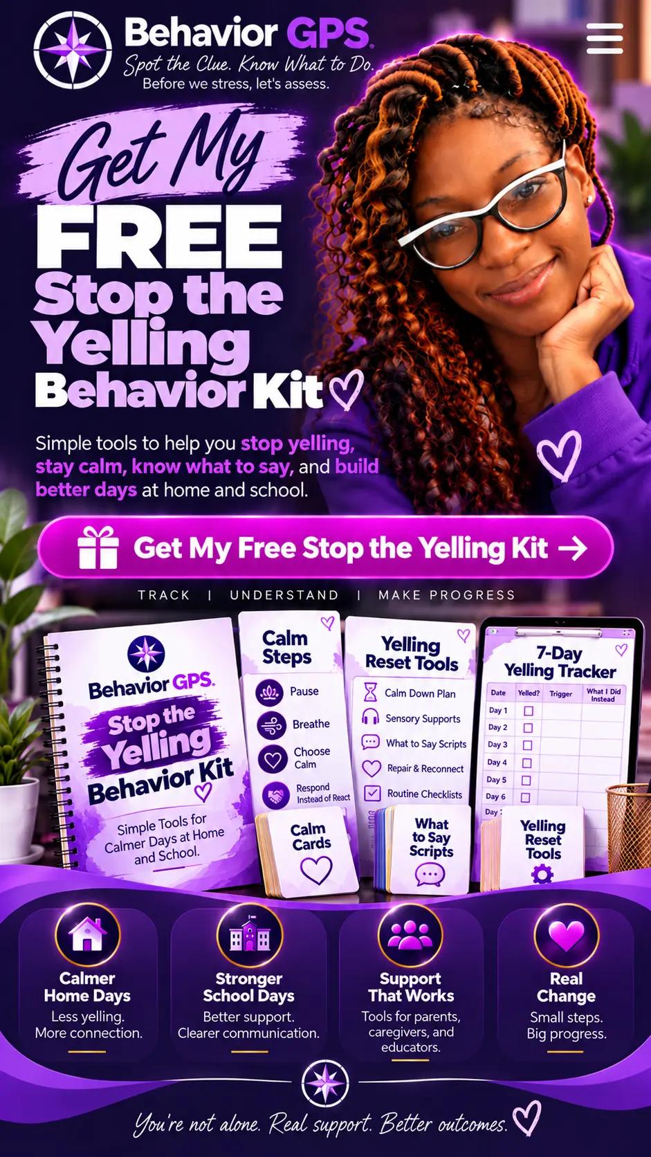 Free Stop the Yelling Kit with calm steps, calm cards, what-to-say scripts, and a 7-day yelling tracker