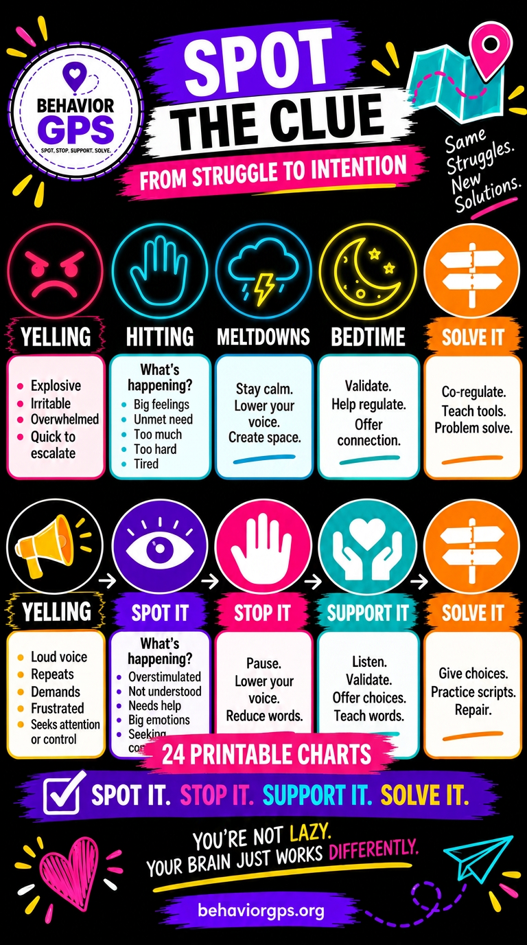 Spot the Clue vault cover: 24 printable charts with Spot it, Stop it, Support it, Solve it steps