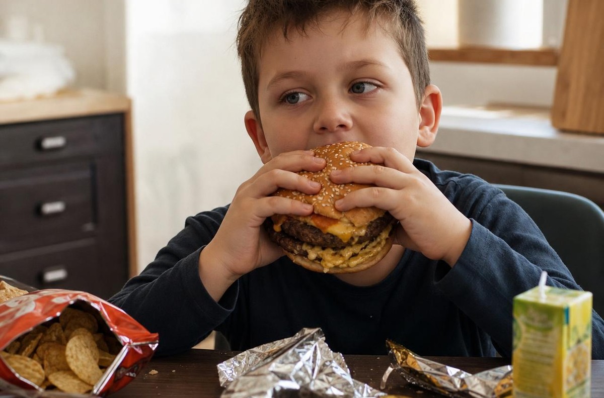 Young boy eating an oversized cheeseburger surrounded by opened snack wrappers